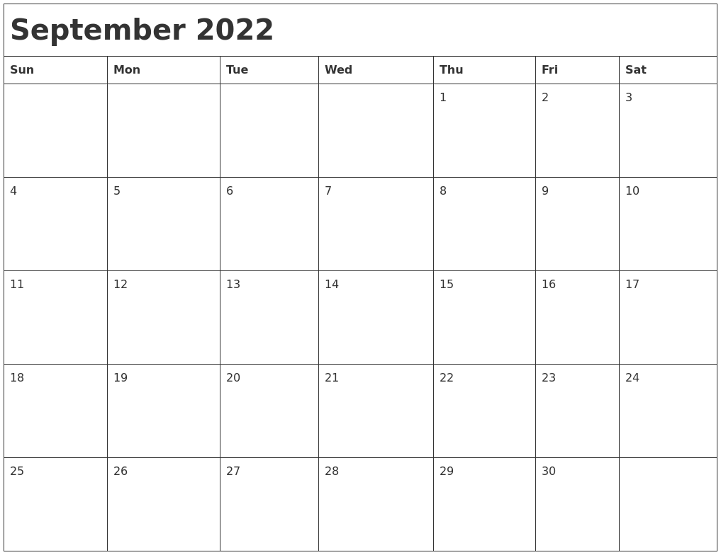 September 2022 Month Calendar
