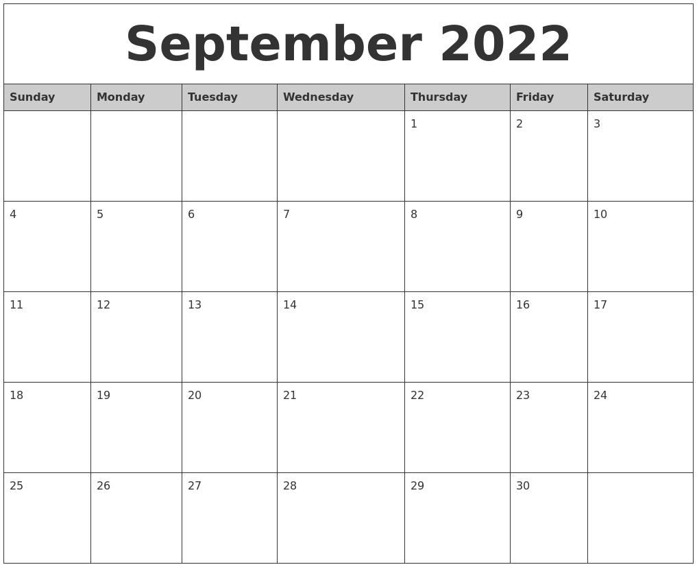September 2022 Monthly Calendar Printable