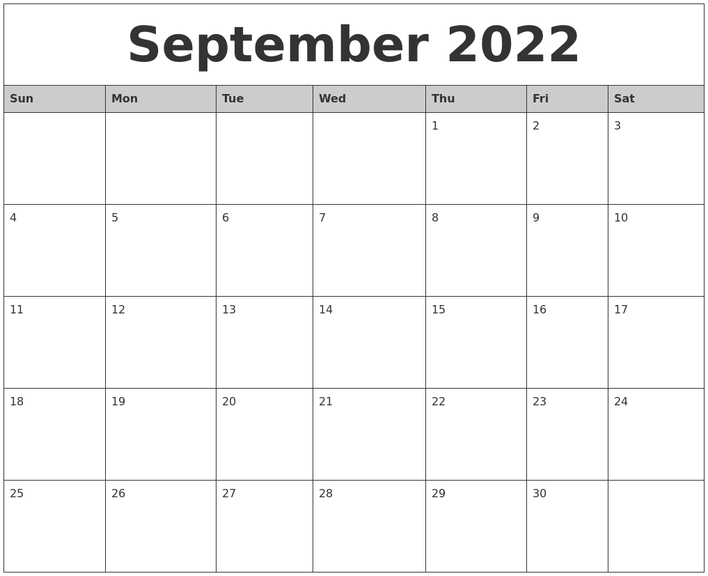 September 2022 Monthly Calendar Printable