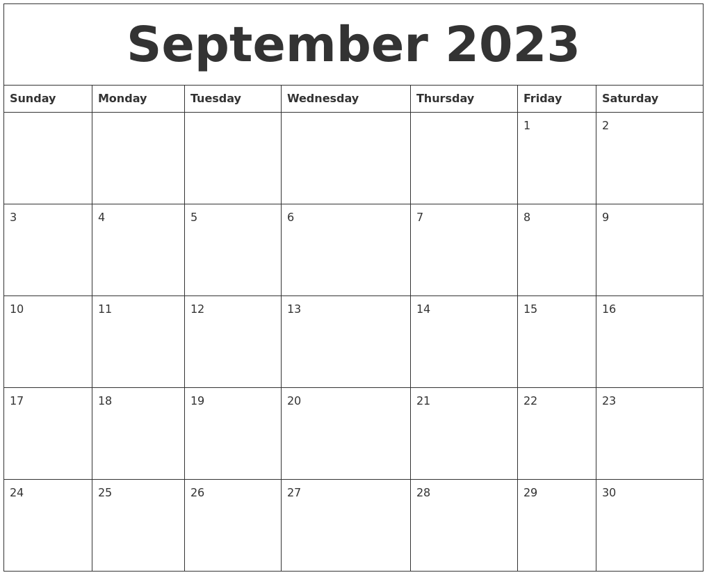 September 2023 Blank Calendar Printable