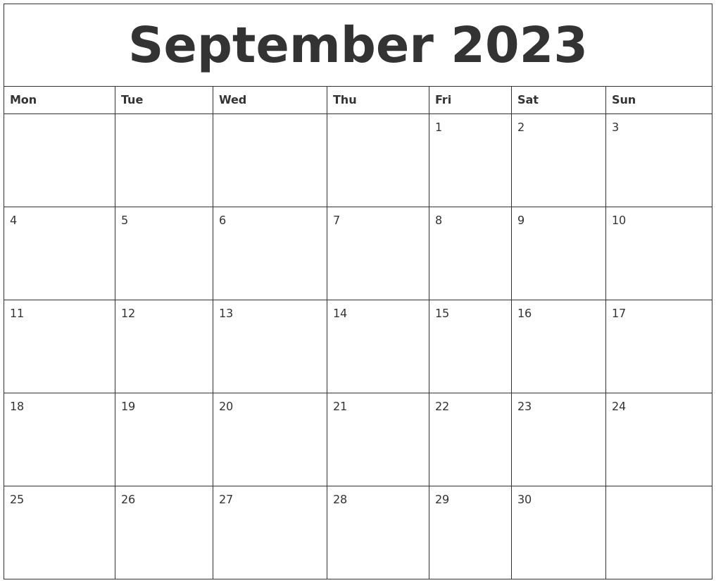 September 2023 Blank Calendar Printable