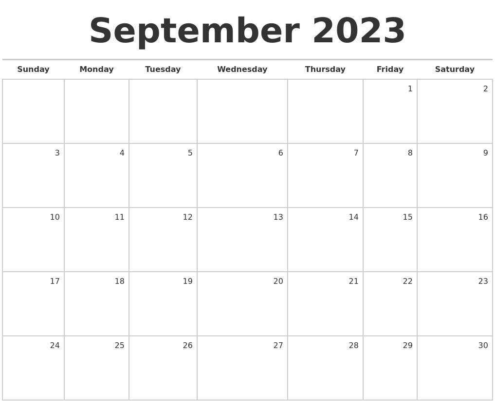 September 2023 Blank Monthly Calendar