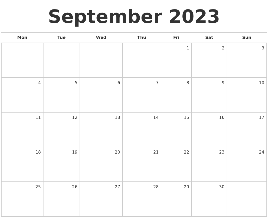 September 2023 Blank Monthly Calendar