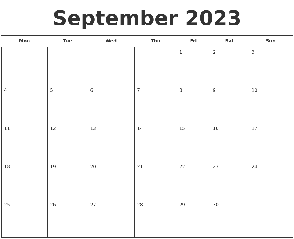 September 2023 Free Calendar Template