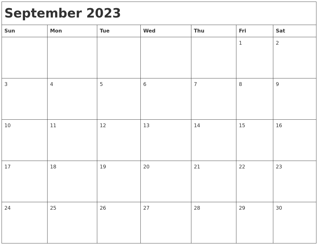 Free Monthly Calendar Template September 2023