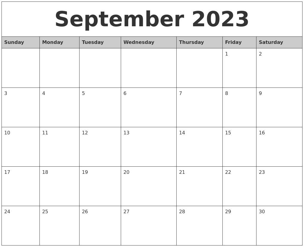 September 2023 Monthly Calendar Printable