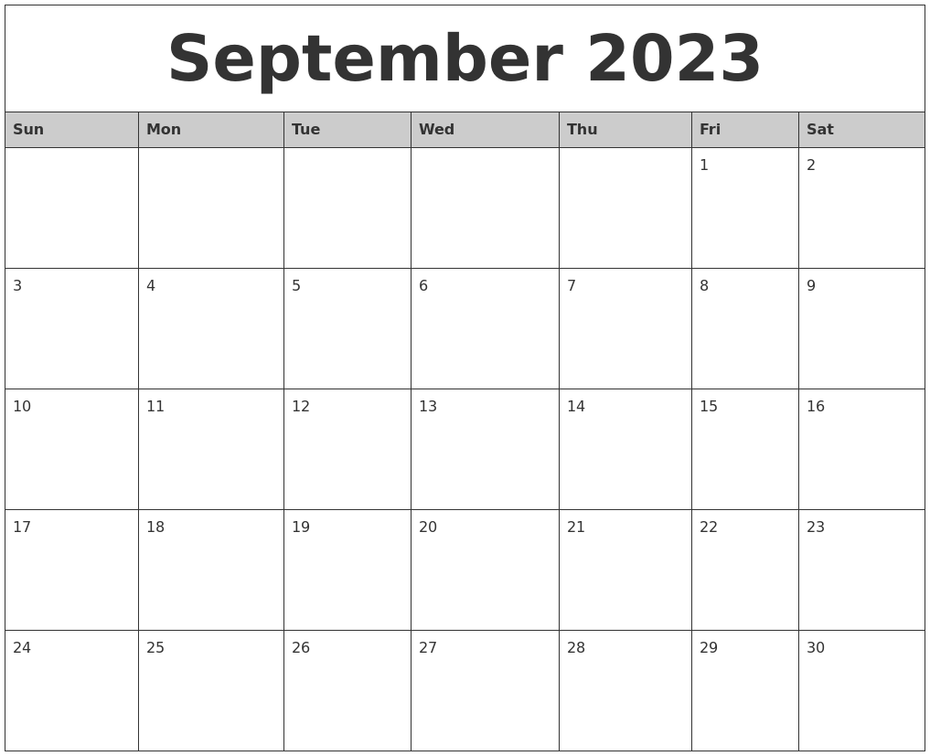 September 2023 Monthly Calendar Printable