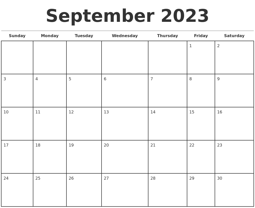 September 2023 Monthly Calendar Template