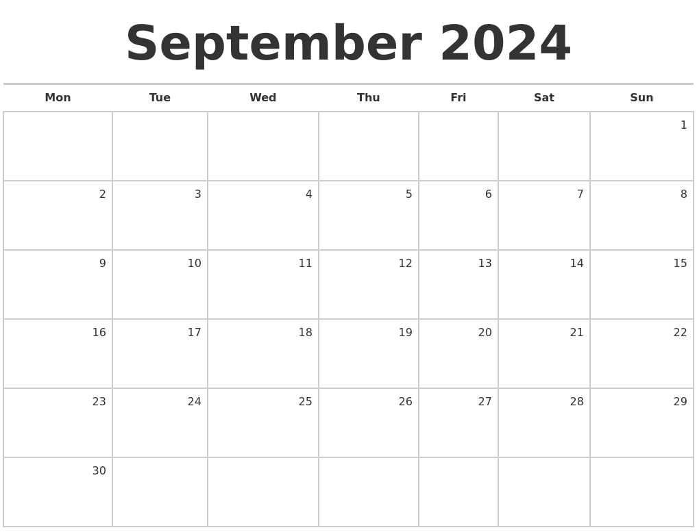 September 2024 Blank Monthly Calendar