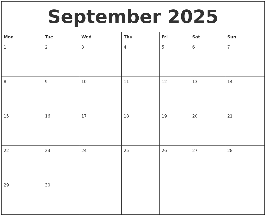 September 2025 Blank Calendar Printable