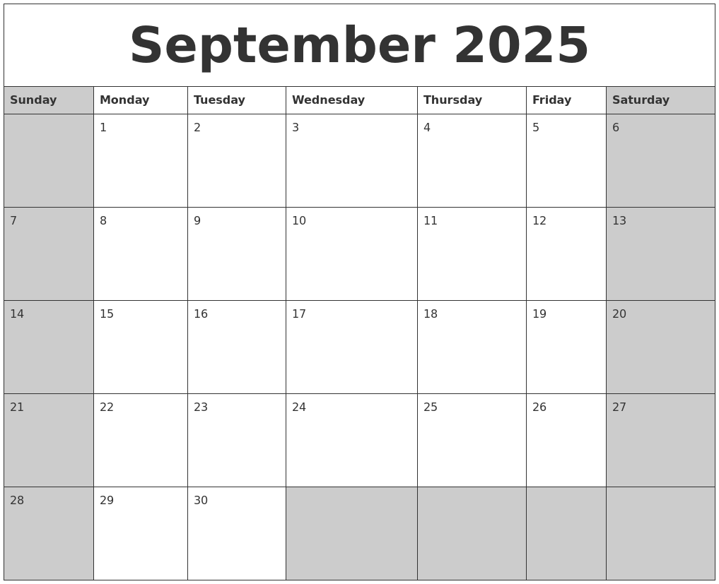 September 2025 Calanders