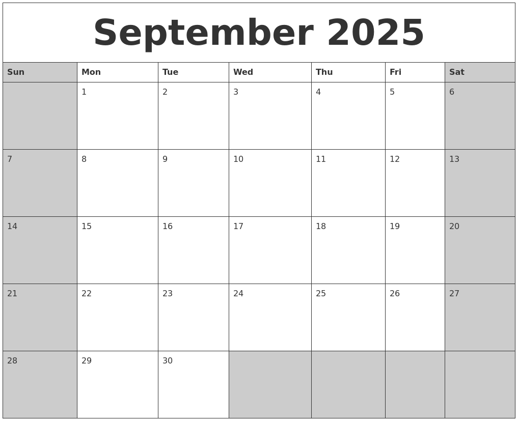 September 2025 Calanders