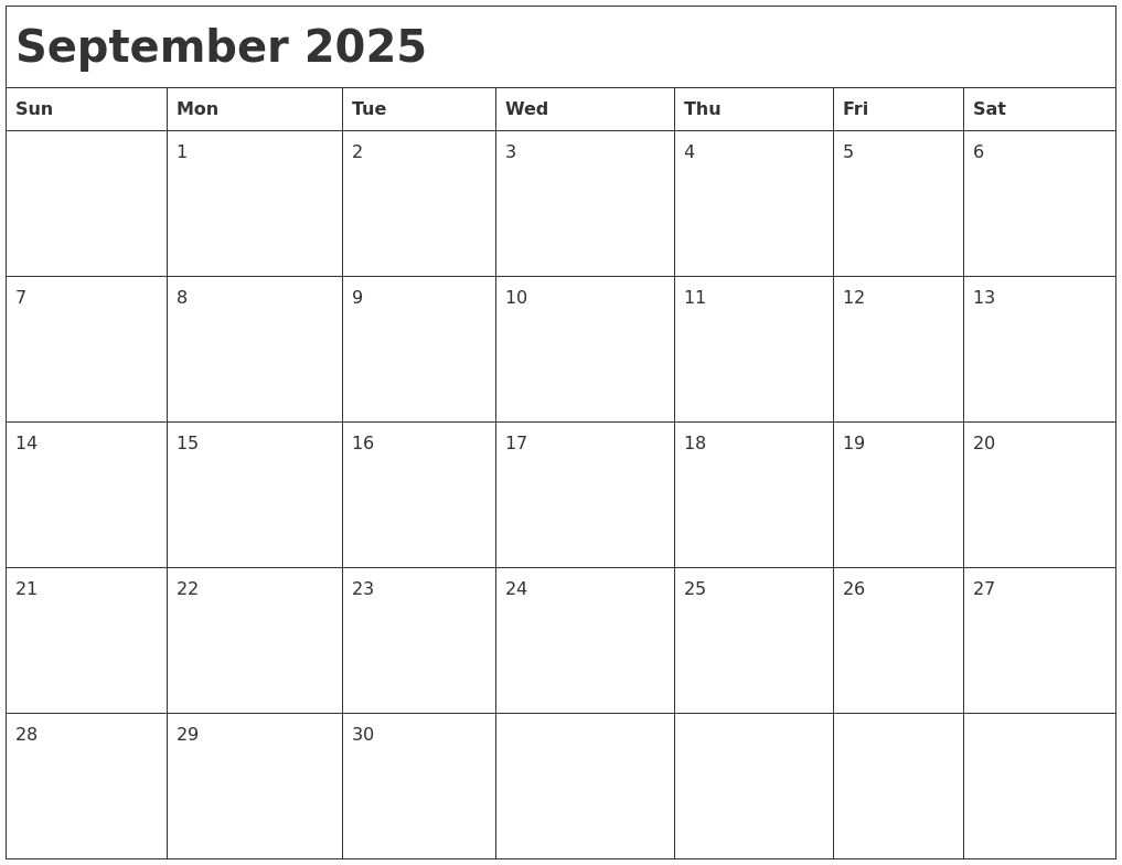 September 2025 Month Calendar