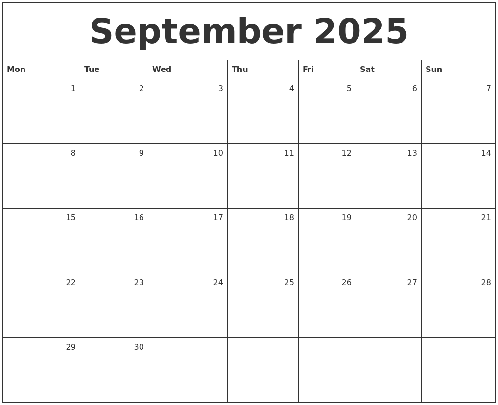 September 2025 Monthly Calendar
