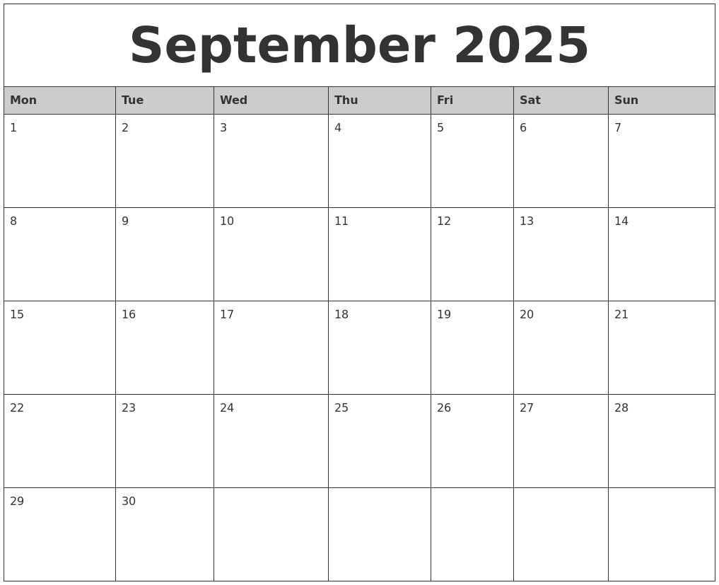 September 2025 Monthly Calendar Printable