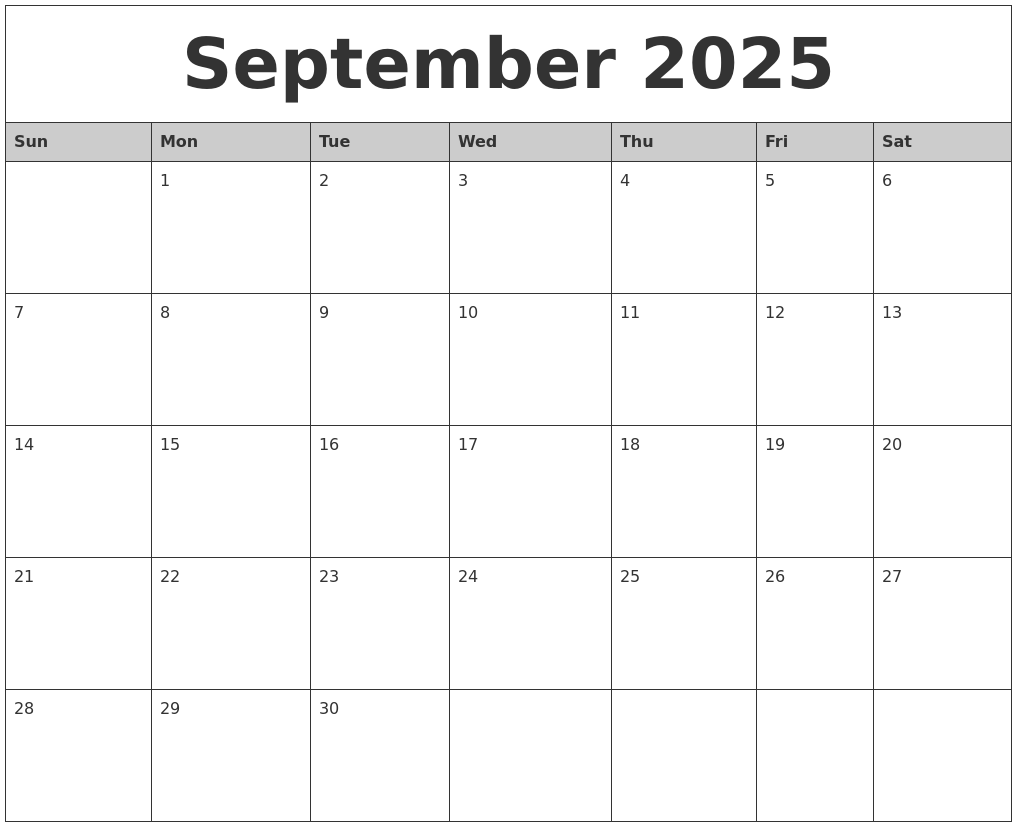 September 2025 Monthly Calendar Printable