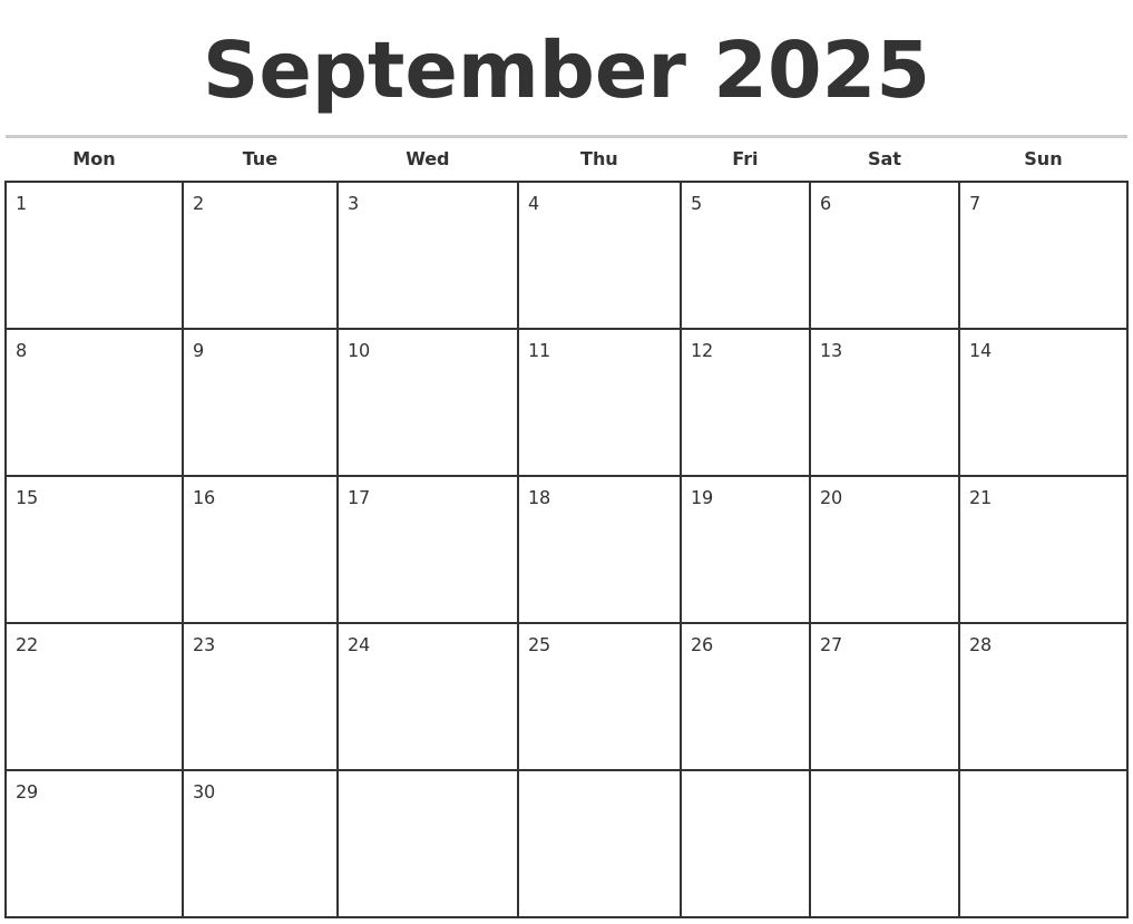 September 2025 Monthly Calendar Template