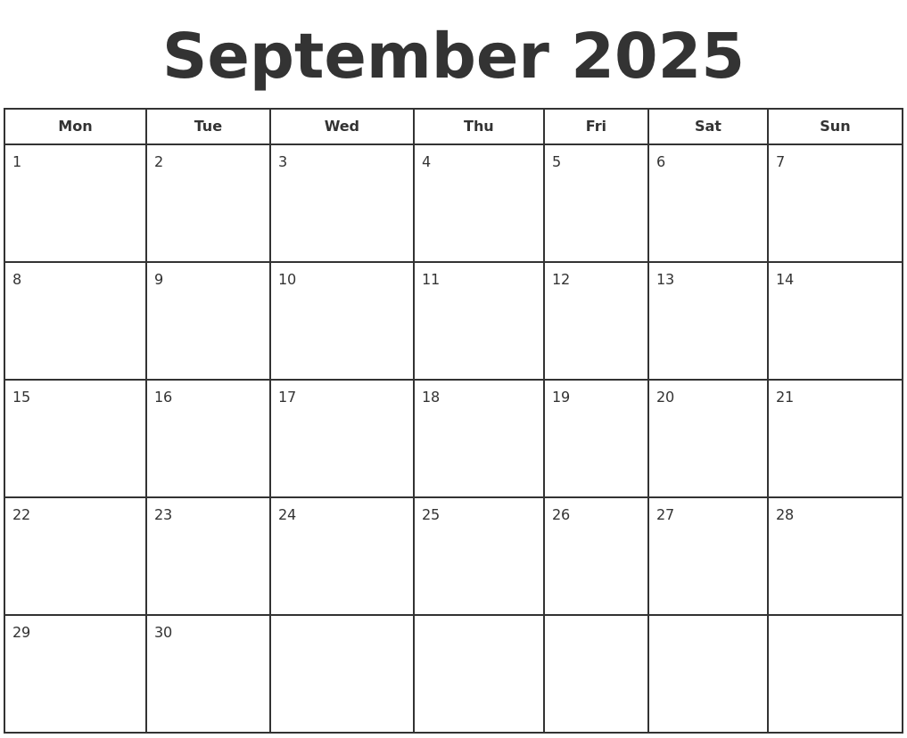 September 2025 Print A Calendar