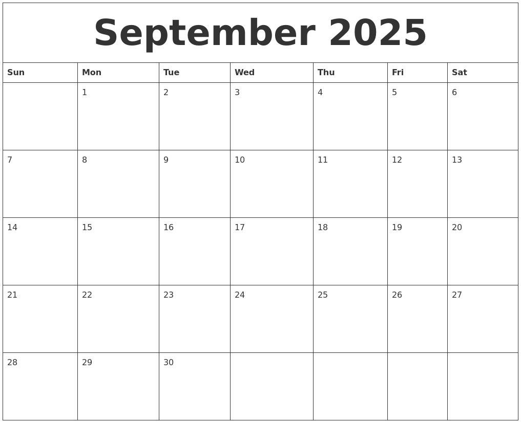 September 2025 Print Blank Calendar