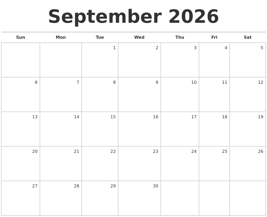 September 2026 Blank Monthly Calendar