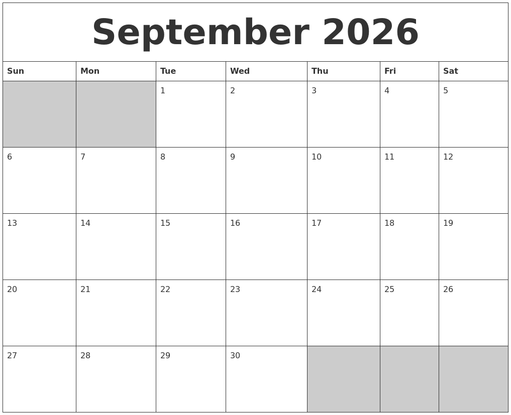September 2026 Blank Printable Calendar