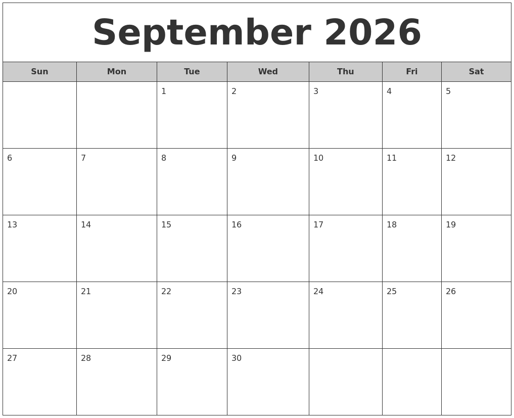 September 2026 Free Monthly Calendar