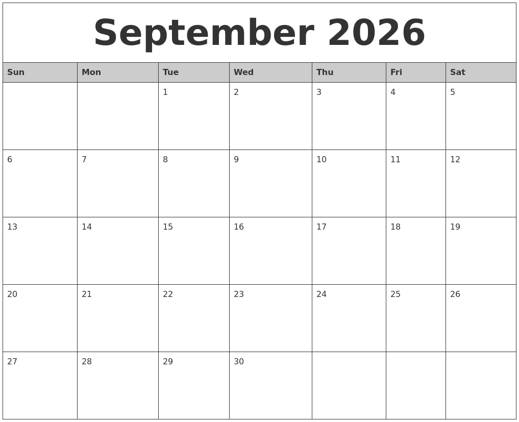 September 2026 Monthly Calendar Printable