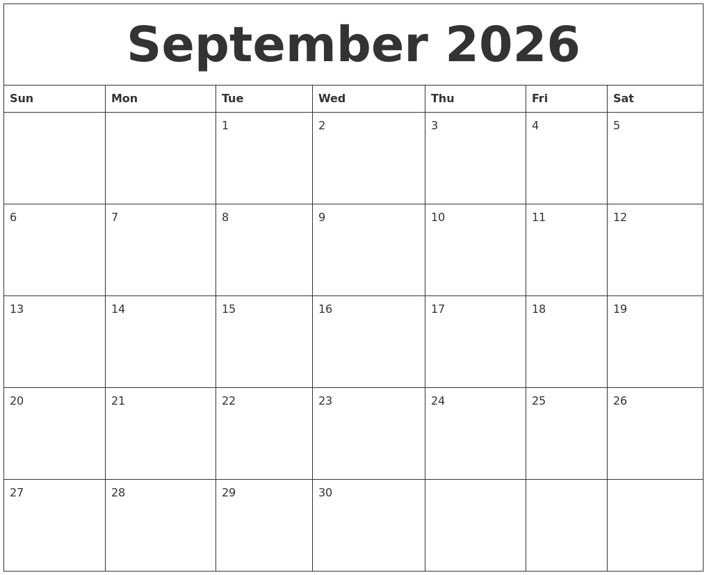 September 2026 Print Blank Calendar