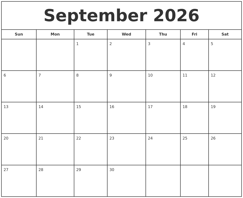 September 2026 Print Free Calendar