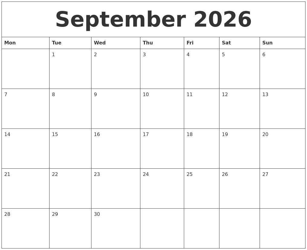 September 2026 Word Calendar