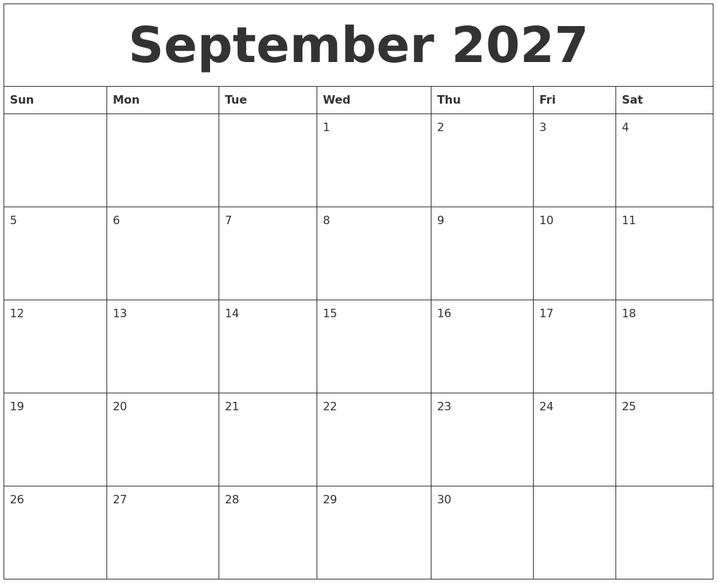 September 2027 Blank Monthly Calendar Template