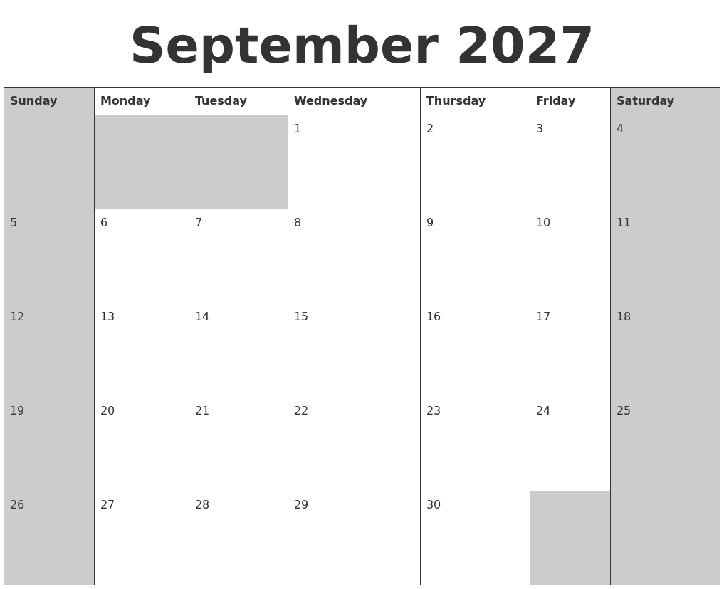 September 2027 Calanders