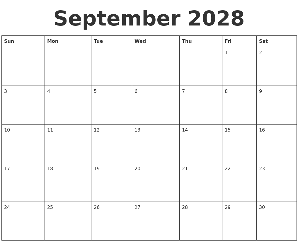 September 2028 Blank Calendar Template