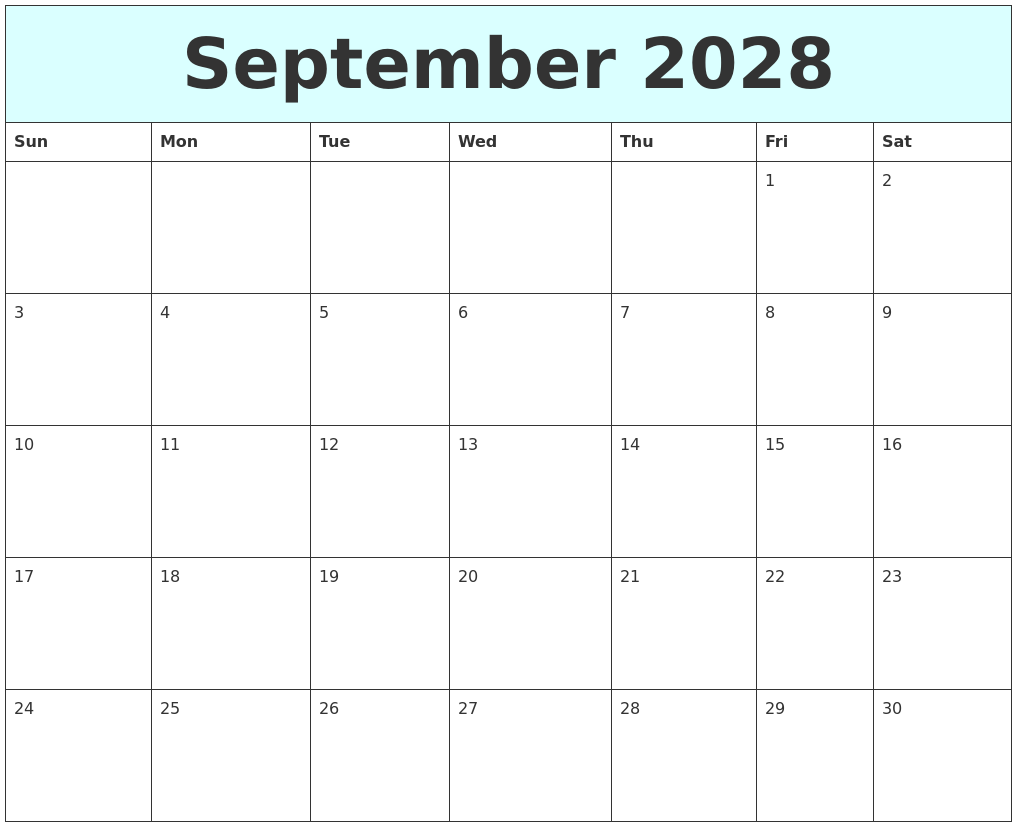 September 2028 Free Calendar