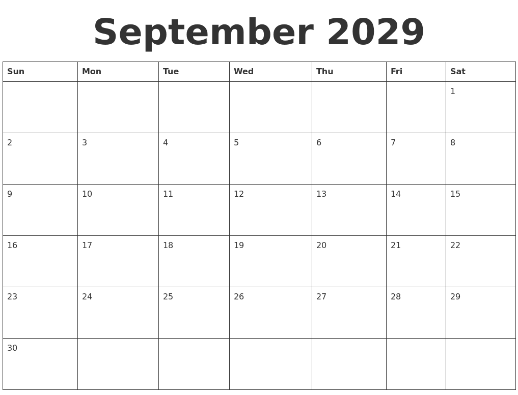 September 2029 Blank Calendar Template