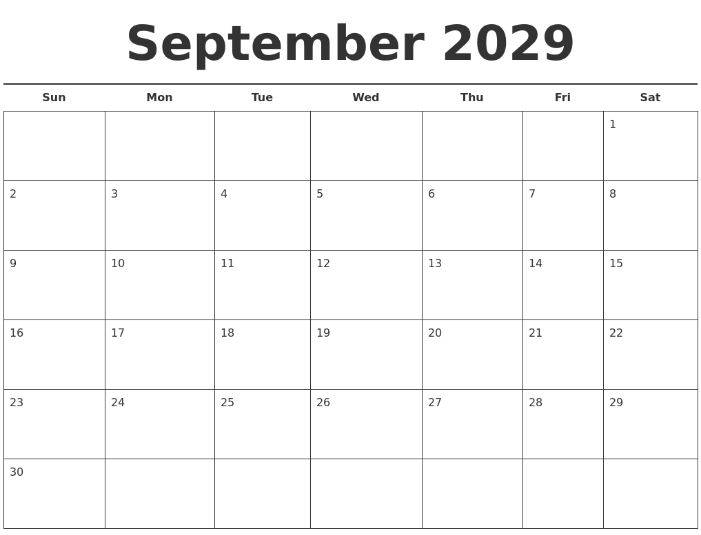 September 2029 Free Calendar Template