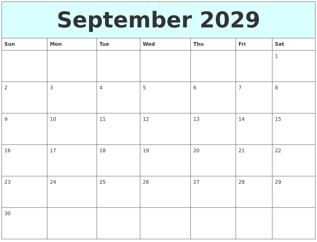 September 2029 Free Calendar