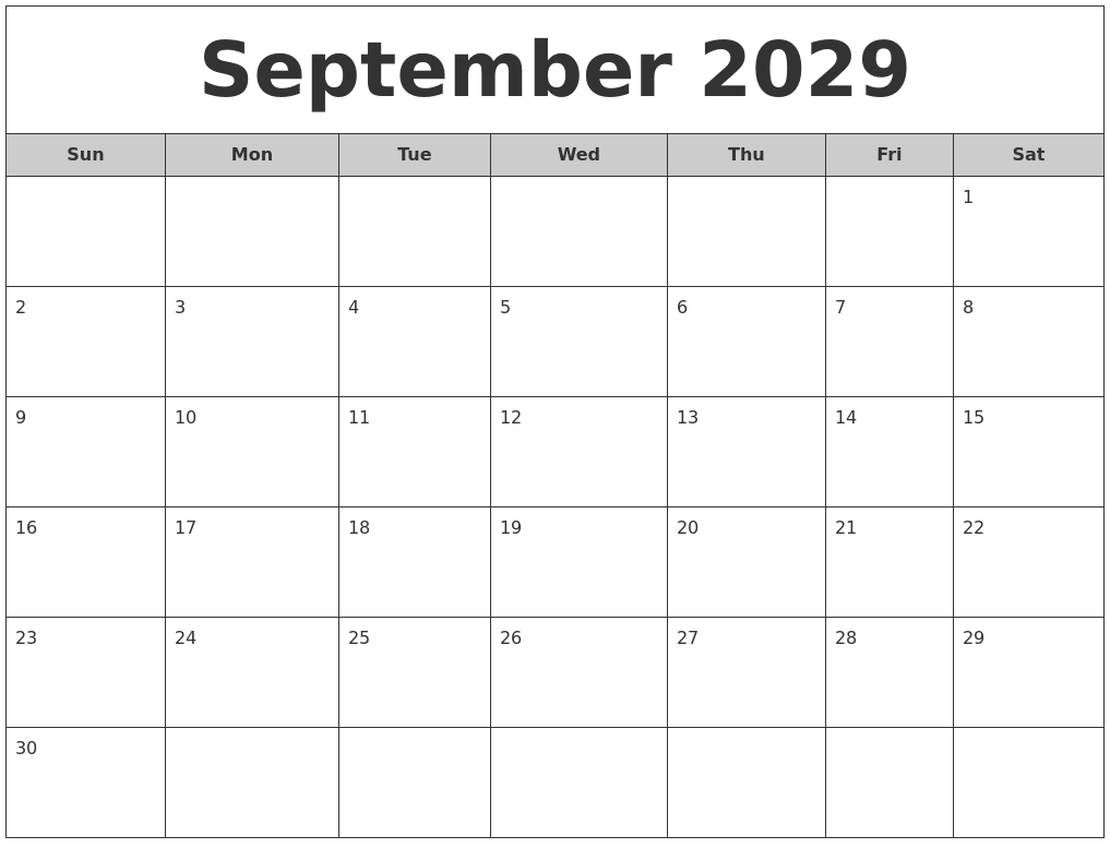 September 2029 Free Monthly Calendar