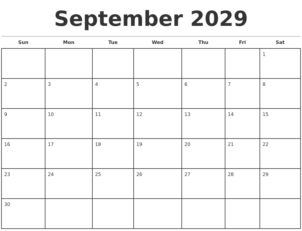 September 2029 Monthly Calendar Template