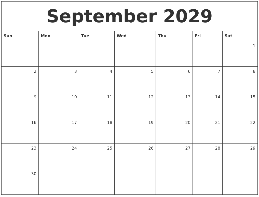 September 2029 Monthly Calendar