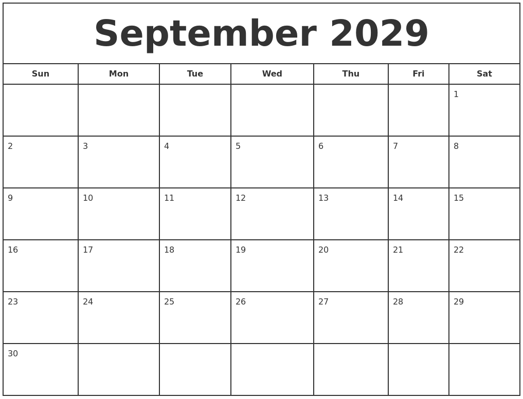 September 2029 Print Free Calendar