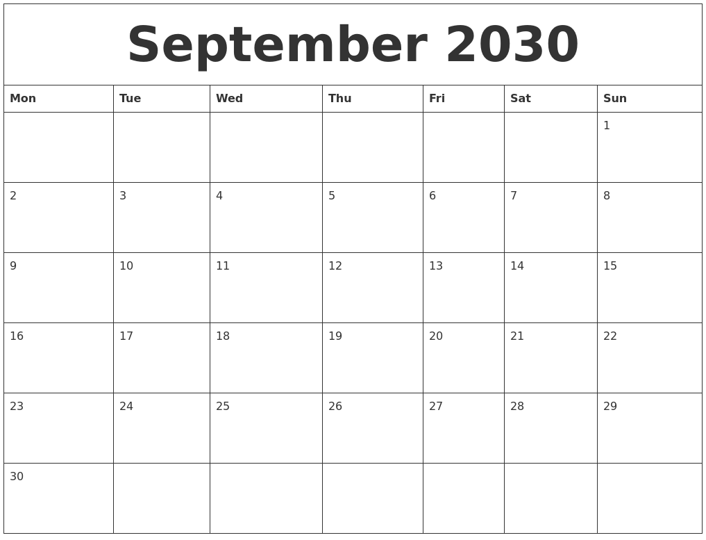 September 2030 Calendar September 2030 Calendar