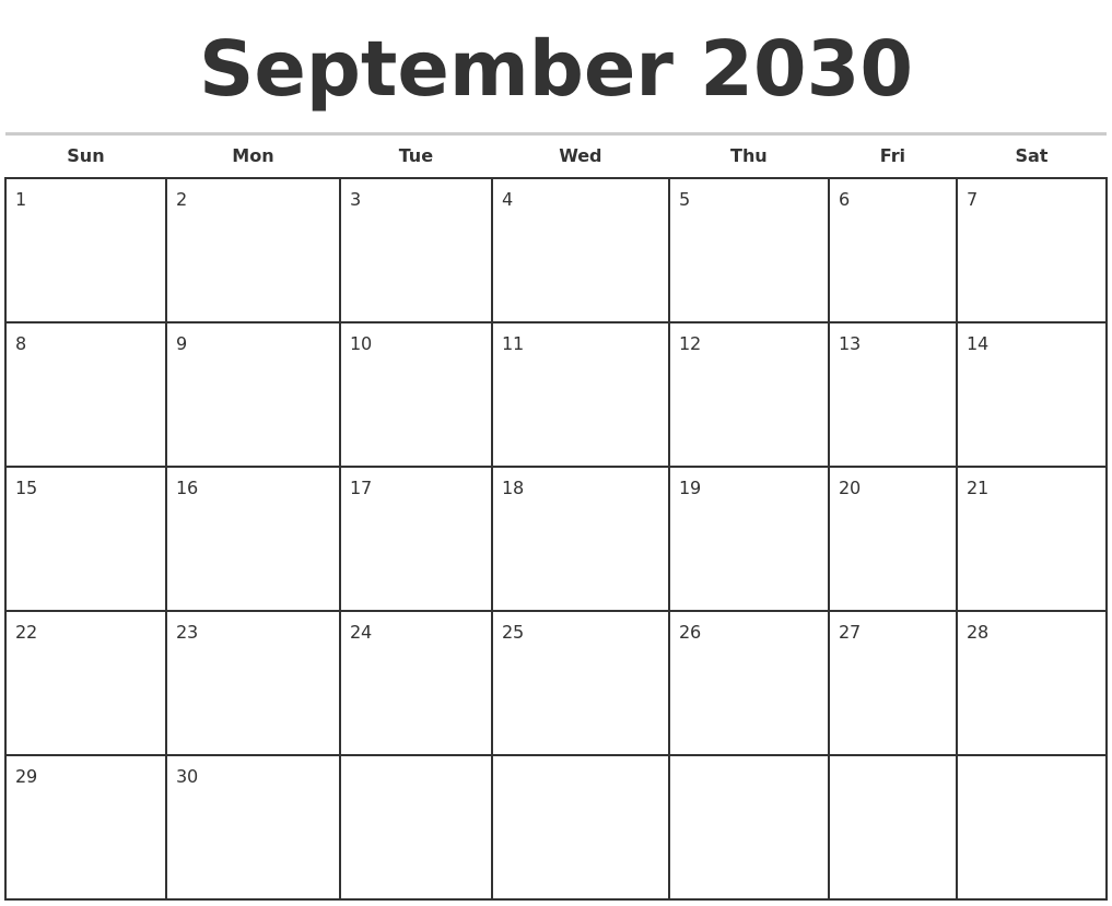September 2030 Monthly Calendar Template