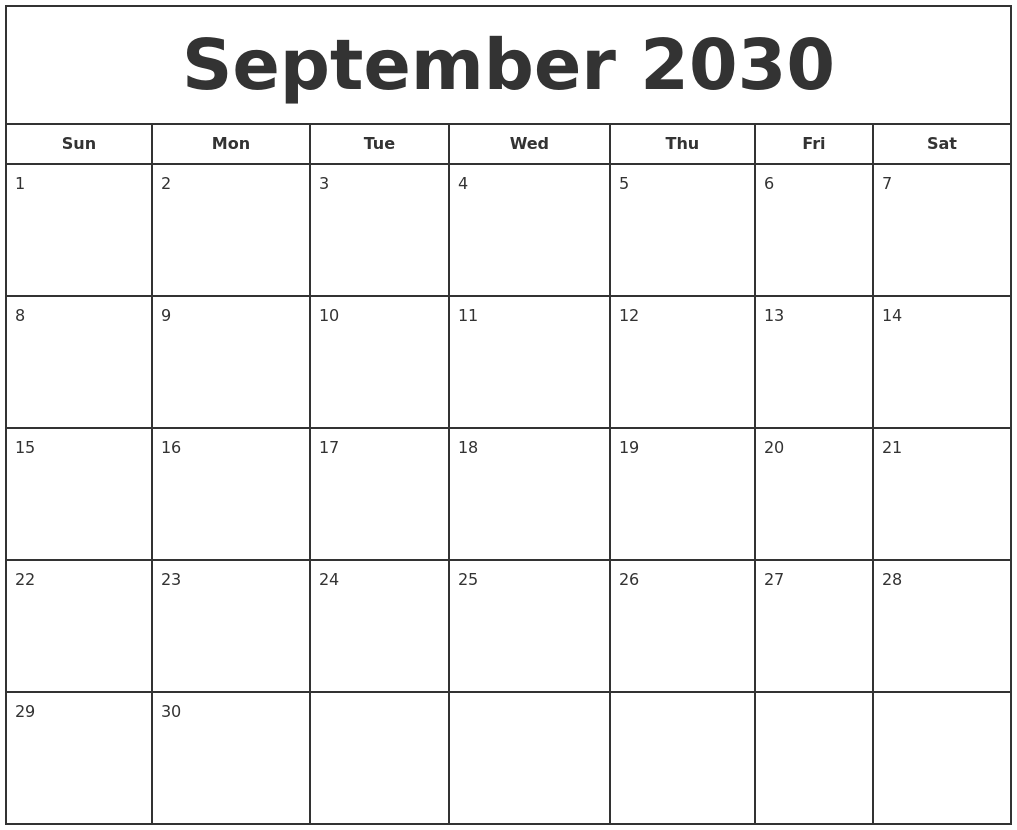September 2030 Print Free Calendar
