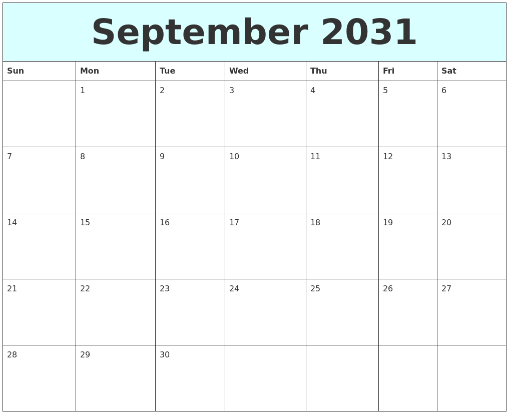 September 2031 Free Calendar