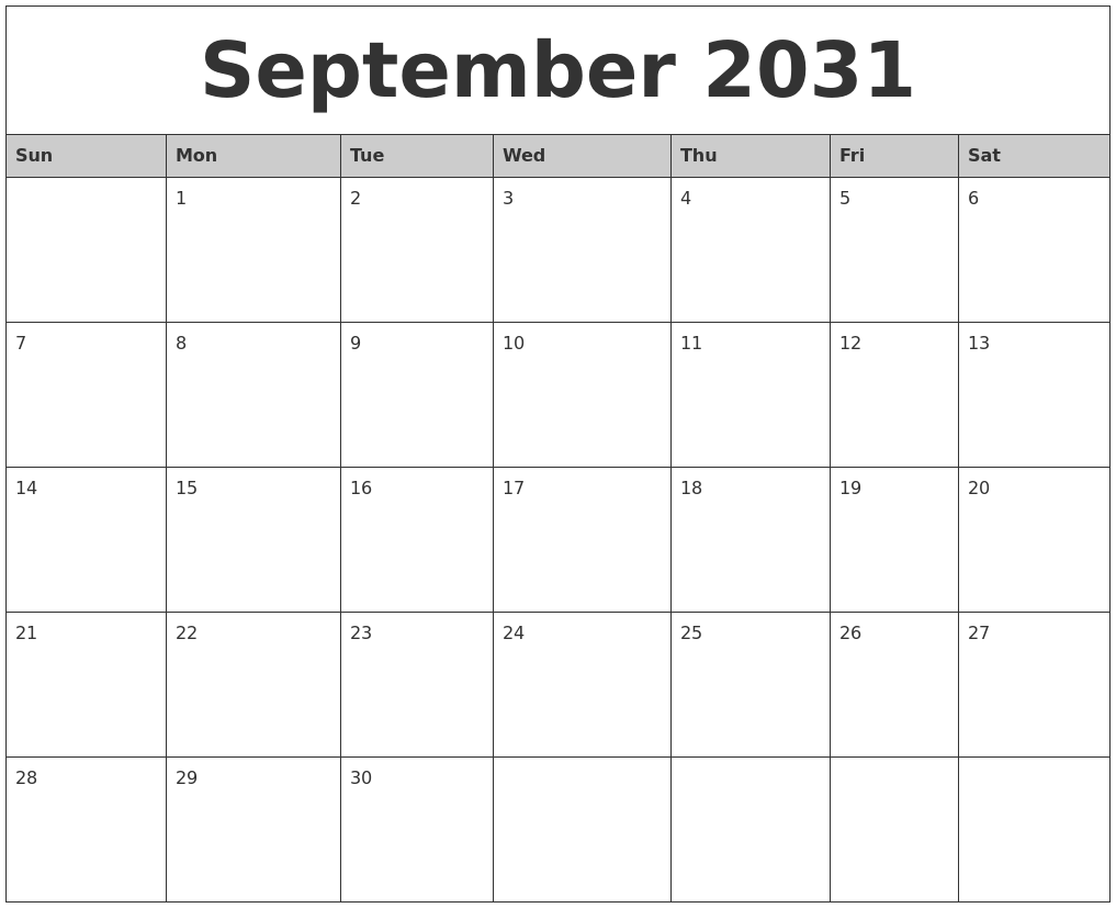 September 2031 Monthly Calendar Printable