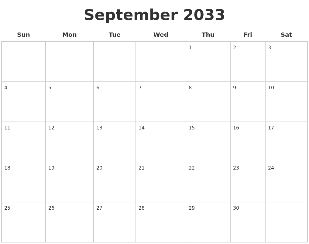 September 2033 Blank Calendar Pages