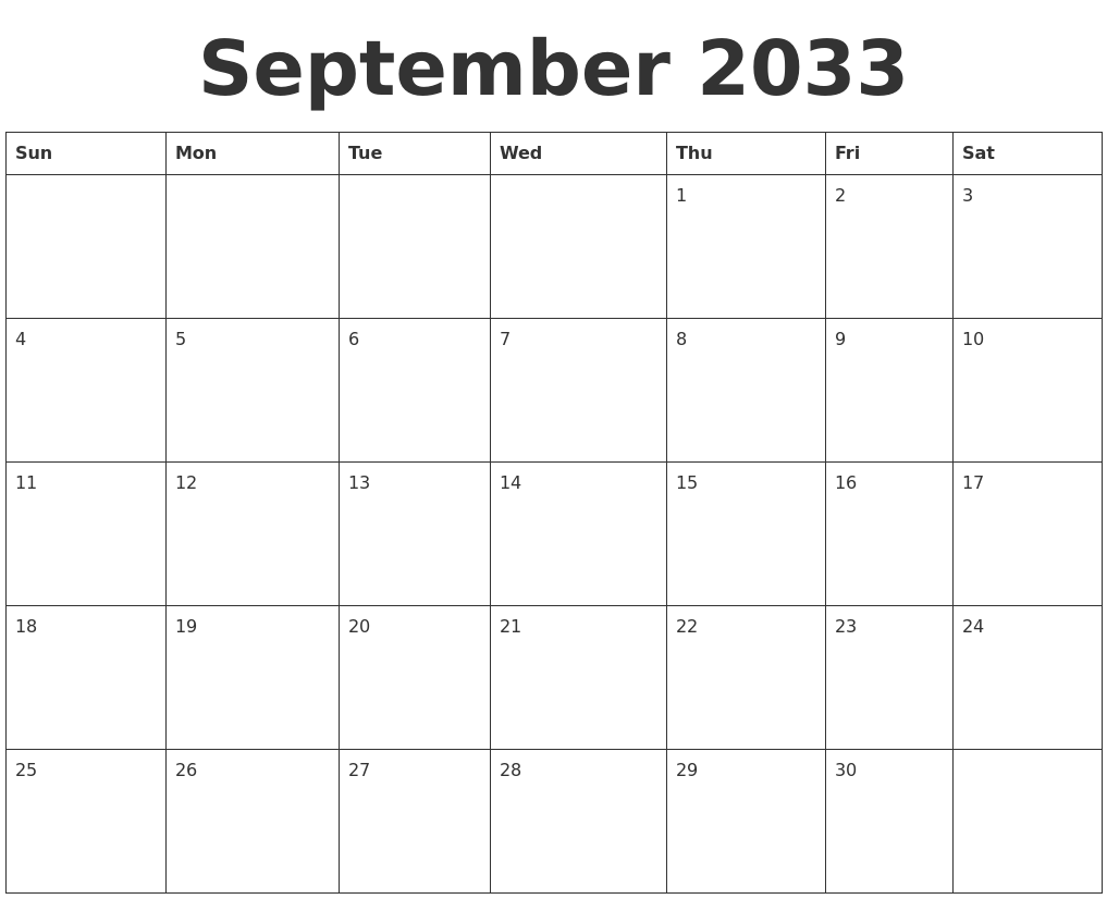 September 2033 Blank Calendar Template