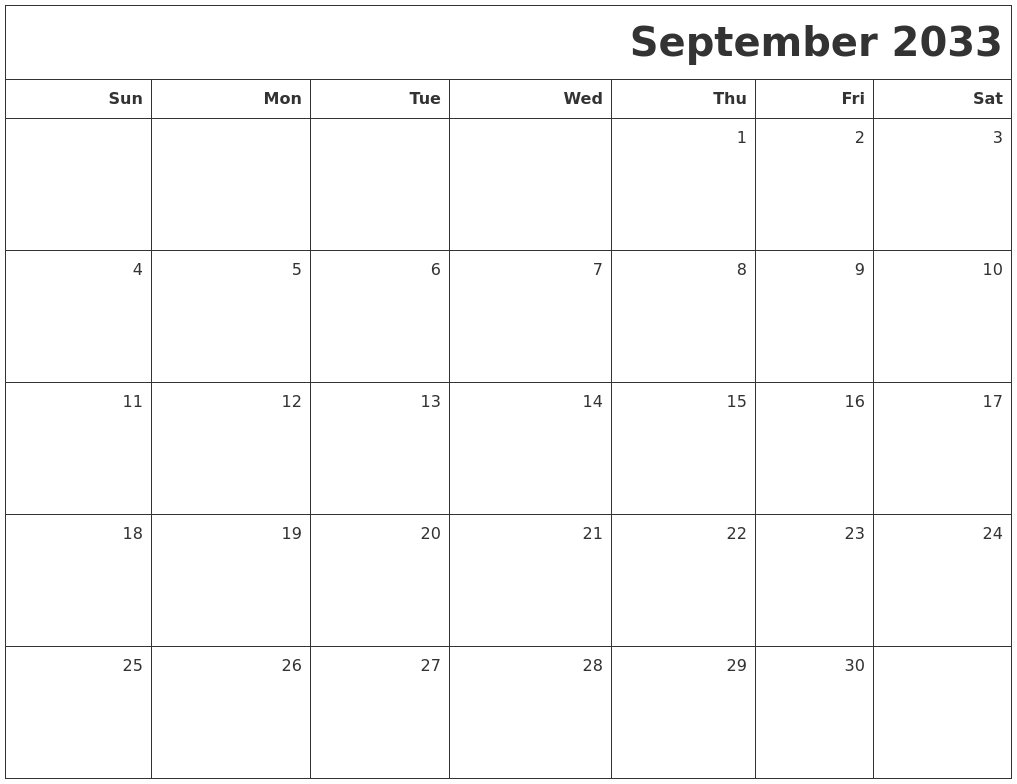 September 2033 Printable Blank Calendar