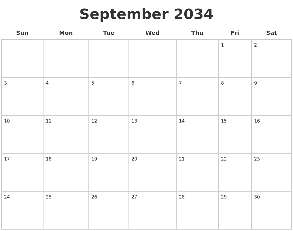 September 2034 Blank Calendar Pages